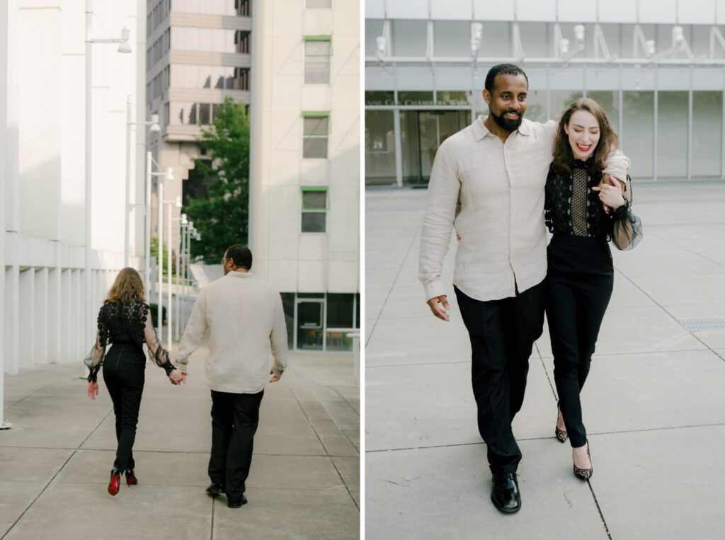 interracial couple poses for engagement photos