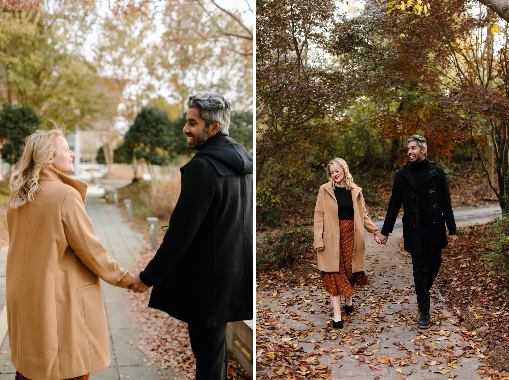 couple walking during fall engagement photos